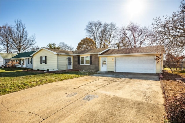 ranch-style house with a front yard and a garage