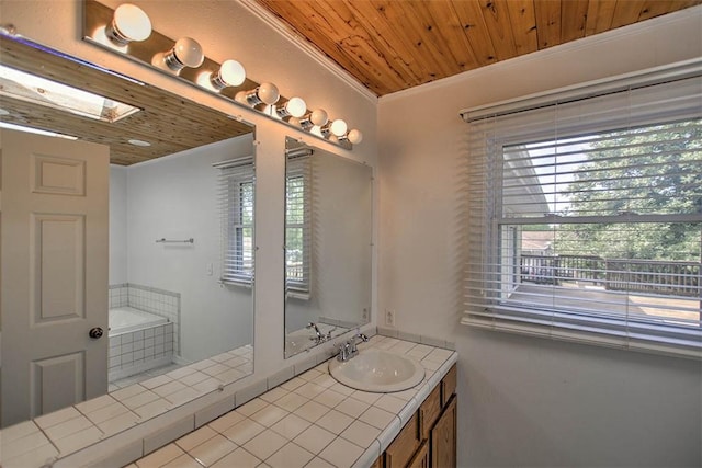 935 Woodland Dr, Mt Zion, IL 62549 - bathroom with wooden ceiling, healthy amount of natural light, vanity, crown molding, and a bath