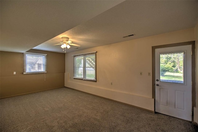 935 Woodland Dr, Mt Zion, IL 62549 - empty room featuring healthy amount of natural light, carpet flooring, ceiling fan, and a textured ceiling