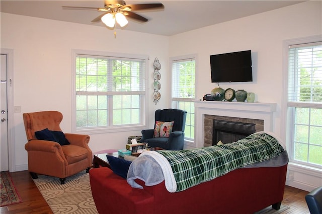 living room with wood finished floors, a fireplace, and ceiling fan