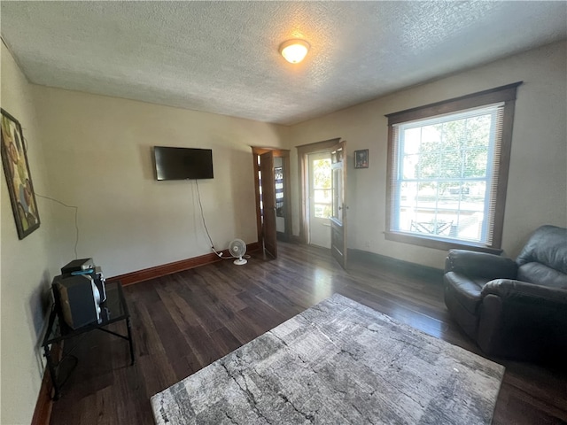 living room with a textured ceiling and dark hardwood / wood-style floors