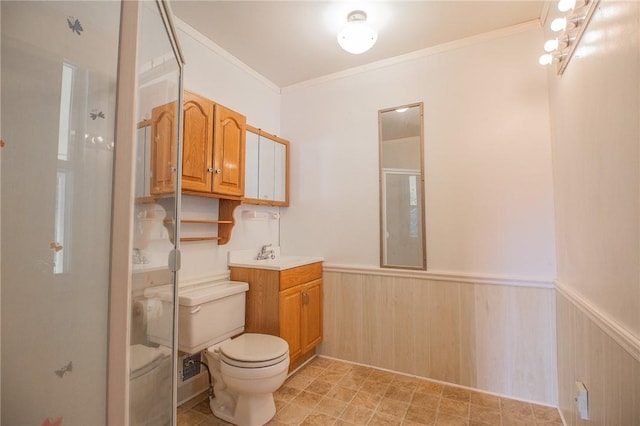 820 Oklahoma Ave, Mattoon, IL 61938 - bathroom featuring an enclosed shower, vanity, a wainscoted wall, and crown molding