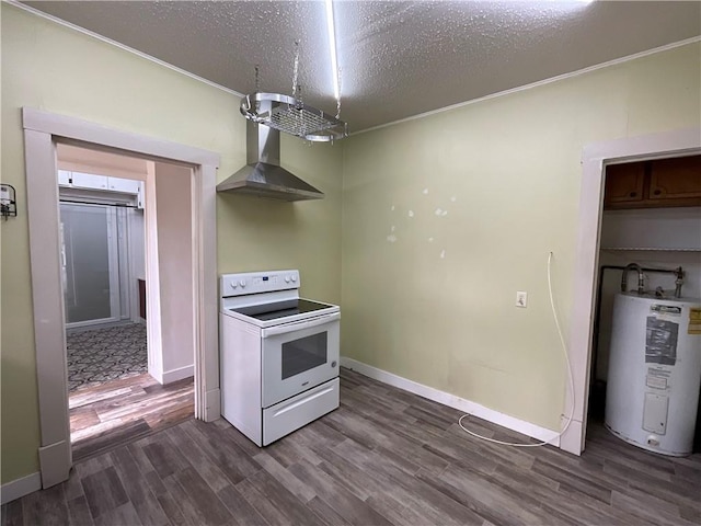 601 S Maple St, Effingham, IL 62401 - kitchen with white electric range, water heater, wall chimney exhaust hood, dark wood-style flooring, and baseboards