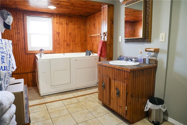 1741 Murray Clark Rd, Danville, IL 61832 - washroom with a sink, wooden walls, wood ceiling, and light tile patterned floors