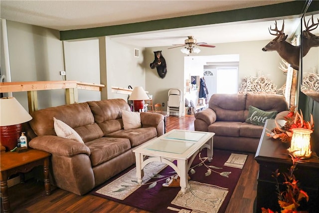 1741 Murray Clark Rd, Danville, IL 61832 - living room with a ceiling fan, beam ceiling, wood finished floors, and visible vents