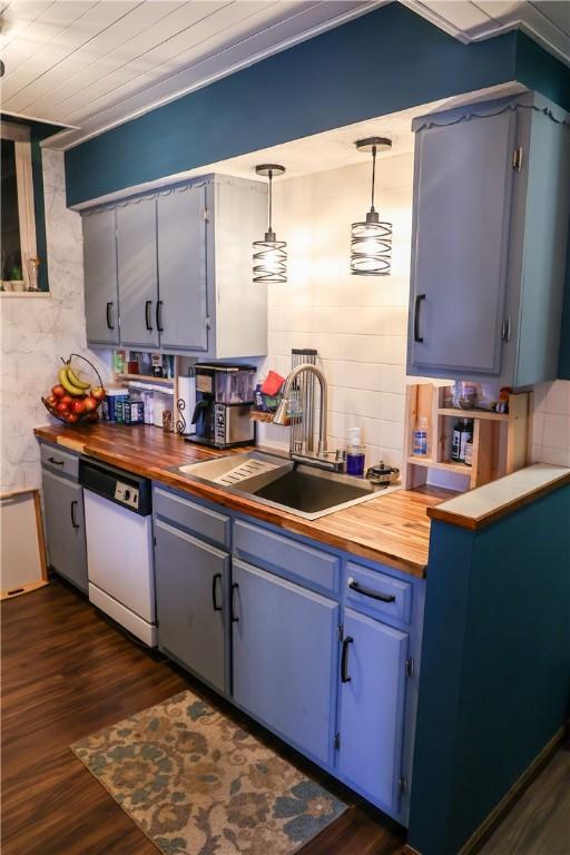 1741 Murray Clark Rd, Danville, IL 61832 - kitchen featuring dark wood-type flooring, blue cabinets, white dishwasher, wood counters, and a sink