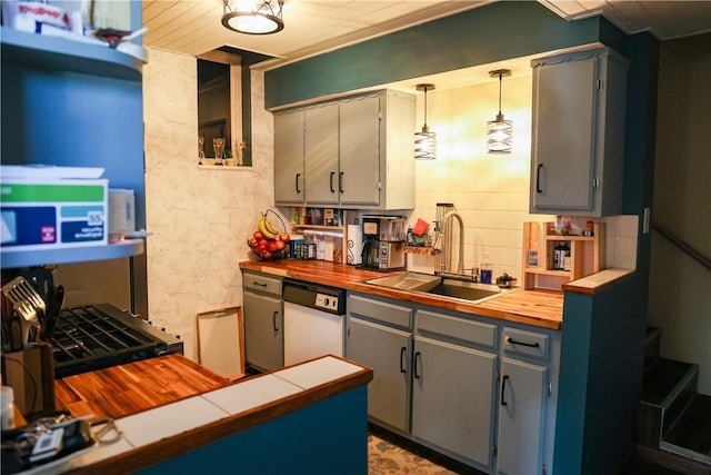 1741 Murray Clark Rd, Danville, IL 61832 - kitchen with wallpapered walls, butcher block countertops, dishwasher, gray cabinets, and a sink
