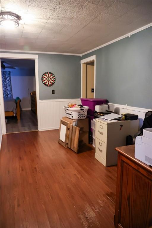 1741 Murray Clark Rd, Danville, IL 61832 - office area with a textured ceiling, wood finished floors, a wainscoted wall, and ornamental molding