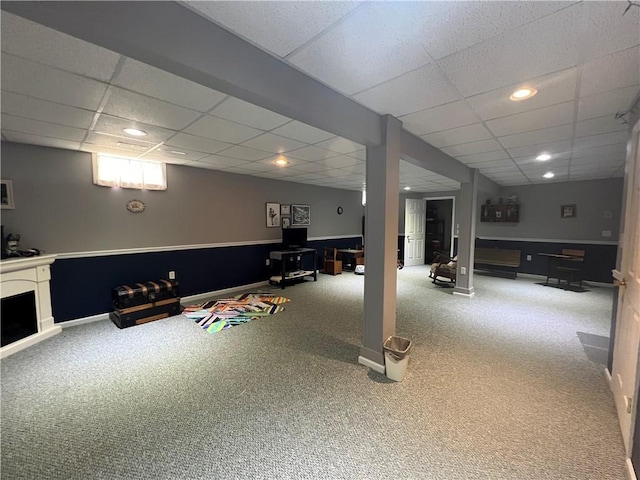 1215 Westside Dr, Mt Zion, IL 62549 - basement featuring a paneled ceiling, carpet floors, and recessed lighting
