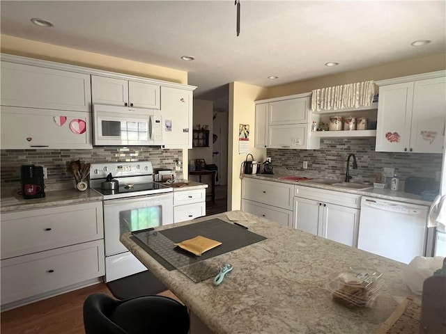 1215 Westside Dr, Mt Zion, IL 62549 - kitchen with white appliances, backsplash, white cabinetry, open shelves, and dark wood-type flooring