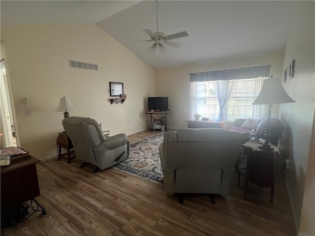 1215 Westside Dr, Mt Zion, IL 62549 - living area featuring ceiling fan, wood finished floors, and high vaulted ceiling