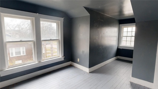 empty room with lofted ceiling, light wood-type flooring, and a wealth of natural light