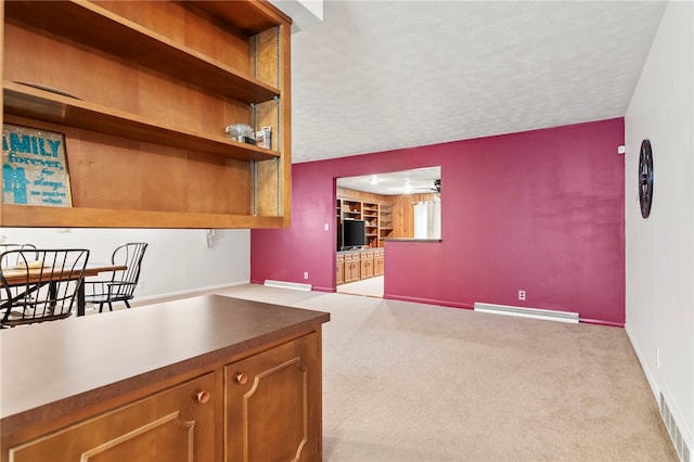 317 Holiday Dr, Decatur, IL 62526 - kitchen with carpet flooring, baseboards, a baseboard heating unit, a textured ceiling, and brown cabinetry