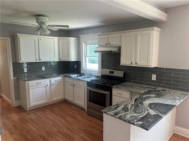 1005 Edgar Ave, Mattoon, IL 61938 - kitchen featuring gas stove, under cabinet range hood, a peninsula, white cabinetry, and light wood finished floors