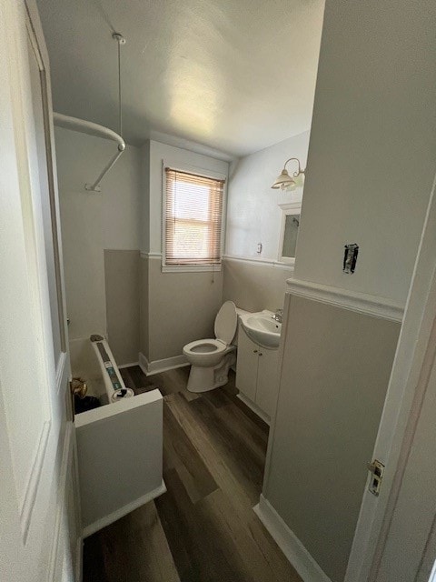 bathroom featuring toilet, vanity, and hardwood / wood-style flooring