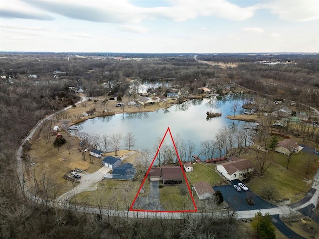 drone / aerial view featuring a water view