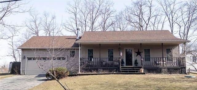 single story home with a front yard, driveway, a porch, a shingled roof, and a garage