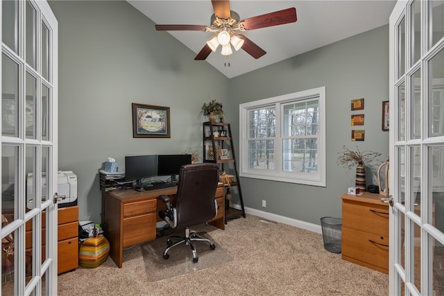 office space featuring french doors, light colored carpet, ceiling fan, and lofted ceiling