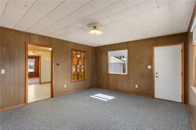 carpeted spare room featuring wooden walls, baseboards, and a wealth of natural light