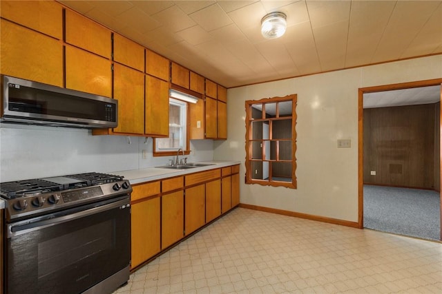 kitchen with a sink, stainless steel appliances, light countertops, baseboards, and light floors