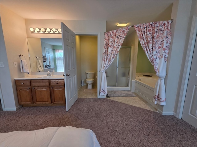 607 Beyers Lake Est, Pana, IL 62557 - bathroom featuring carpet flooring, a shower with shower door, a bath, and vanity