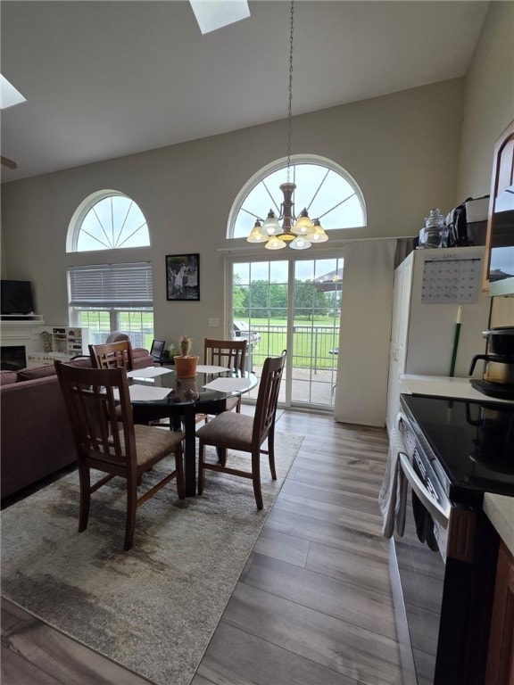 607 Beyers Lake Est, Pana, IL 62557 - dining room with a chandelier, light wood-style floors, a skylight, a towering ceiling, and a fireplace