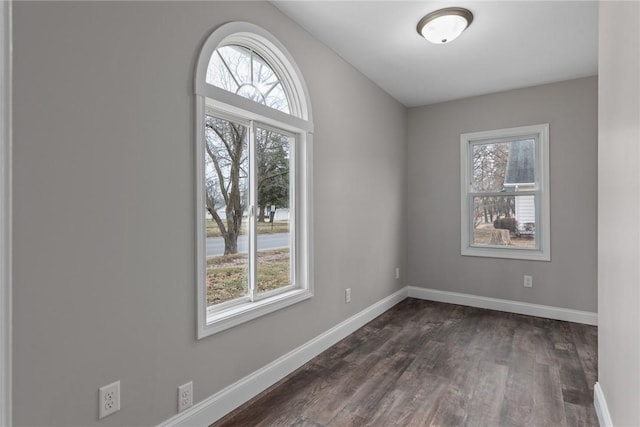 spare room with baseboards, dark wood-type flooring, and a wealth of natural light