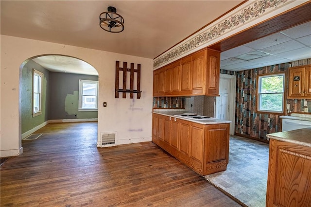 kitchen with arched walkways, dark wood-style floors, baseboards, and plenty of natural light