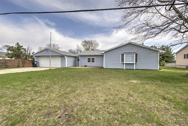 ranch-style house featuring an outdoor structure, driveway, a front yard, a garage, and fence