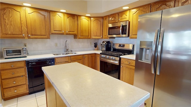 3121 Stoneridge Ct, Danville, IL 61832 - kitchen featuring stainless steel appliances, brown cabinetry, light countertops, light tile patterned floors, and recessed lighting