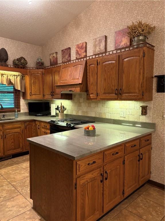 2236 Seneca Dr, Charleston, IL 61920 - kitchen with lofted ceiling, black range with gas stovetop, custom range hood, a sink, and decorative backsplash