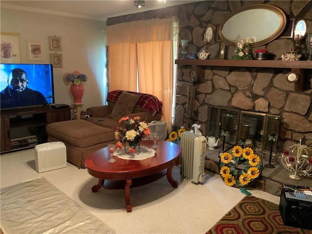 603 W English St, Danville, IL 61832 - living room featuring crown molding and a fireplace