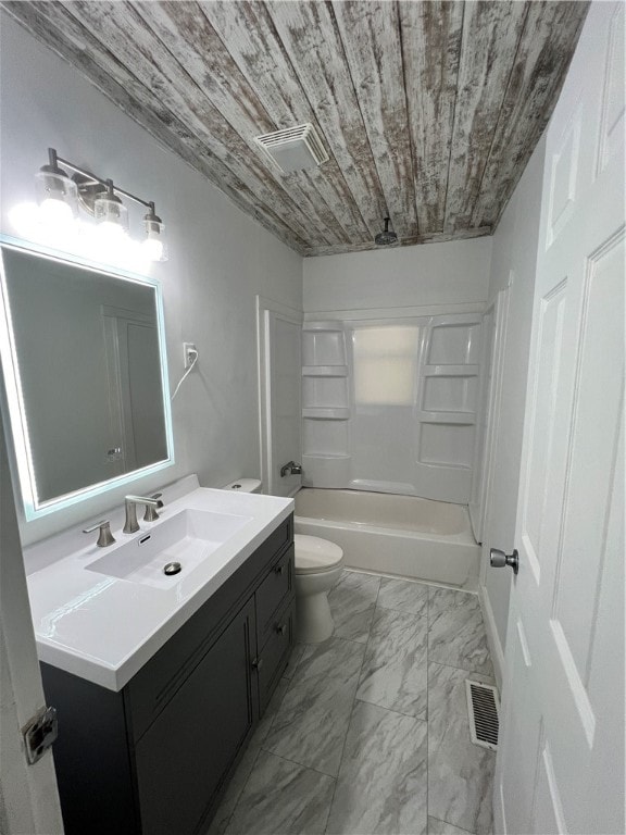 full bathroom with vanity, wooden ceiling, toilet, and tub / shower combination