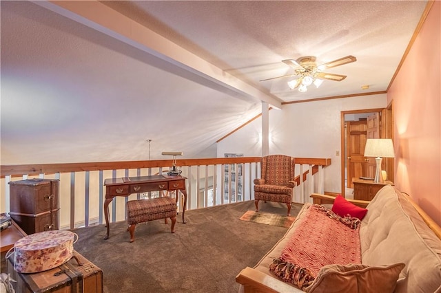 5353 E Reas Bridge Rd, Decatur, IL 62521 - sitting room featuring ceiling fan, carpet, crown molding, and a textured ceiling