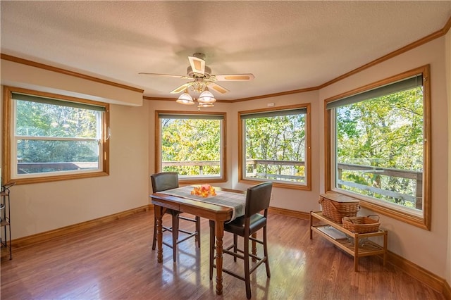 5353 E Reas Bridge Rd, Decatur, IL 62521 - dining area with crown molding, wood finished floors, baseboards, ceiling fan, and a textured ceiling