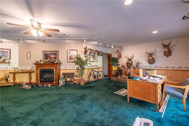 5353 E Reas Bridge Rd, Decatur, IL 62521 - office area with rail lighting, wallpapered walls, carpet floors, a wainscoted wall, and ceiling fan