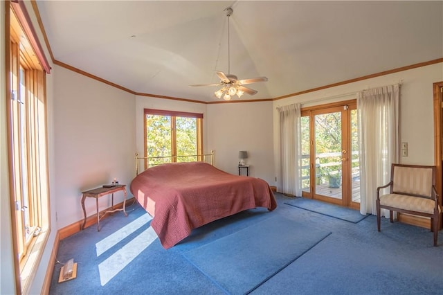 5353 E Reas Bridge Rd, Decatur, IL 62521 - carpeted bedroom featuring access to exterior, vaulted ceiling, crown molding, and a ceiling fan