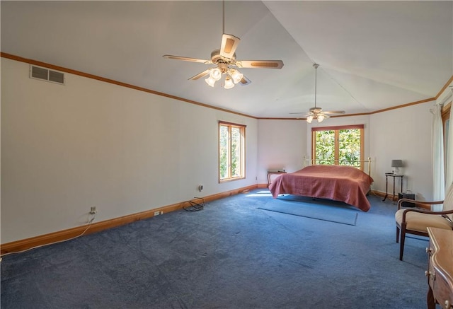 5353 E Reas Bridge Rd, Decatur, IL 62521 - carpeted bedroom featuring baseboards, vaulted ceiling, a ceiling fan, and ornamental molding