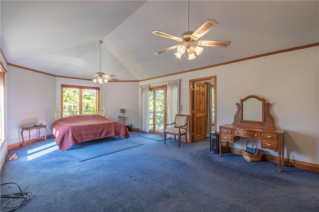 5353 E Reas Bridge Rd, Decatur, IL 62521 - carpeted bedroom with multiple windows, vaulted ceiling, baseboards, ornamental molding, and ceiling fan