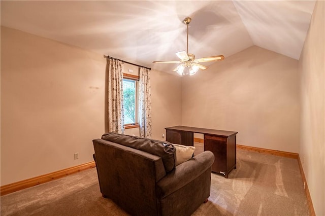 5353 E Reas Bridge Rd, Decatur, IL 62521 - living room with baseboards, vaulted ceiling, light colored carpet, and ceiling fan