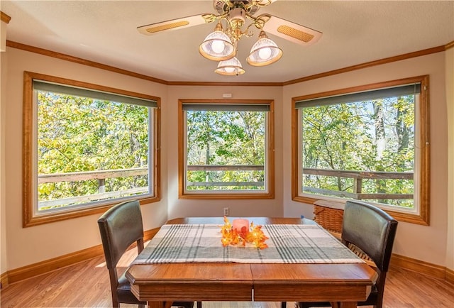 5353 E Reas Bridge Rd, Decatur, IL 62521 - dining room featuring healthy amount of natural light, baseboards, ceiling fan, light wood-type flooring, and crown molding
