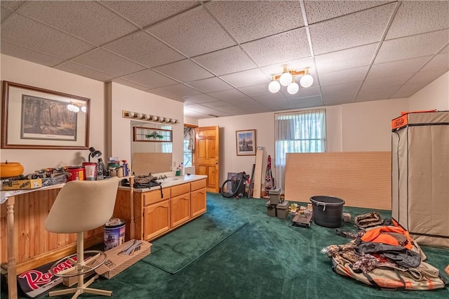 5353 E Reas Bridge Rd, Decatur, IL 62521 - interior space with dark colored carpet, a drop ceiling, and a sink