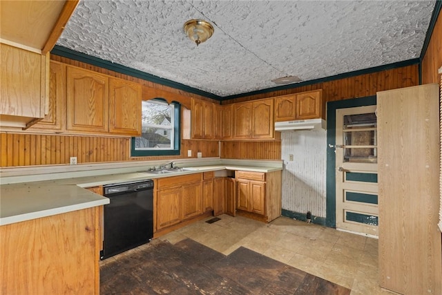 311 Lafayette St, Newton, IL 62448 - kitchen featuring under cabinet range hood, light countertops, black dishwasher, and a sink