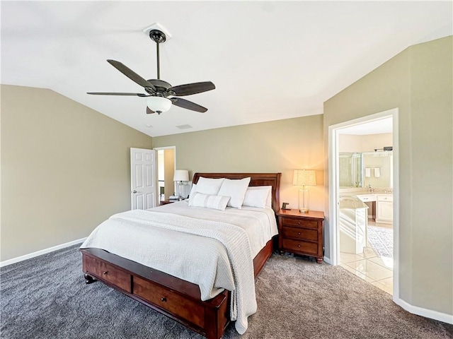 bedroom with light carpet, visible vents, baseboards, lofted ceiling, and ceiling fan