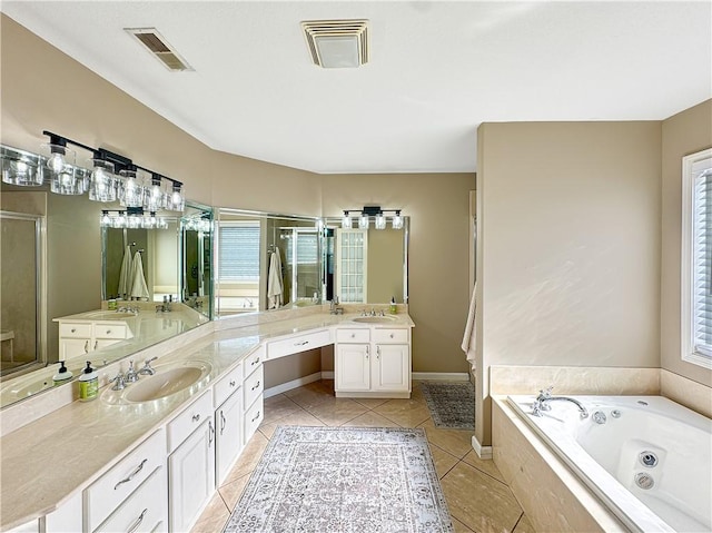 full bath with a whirlpool tub, a shower stall, visible vents, and vanity