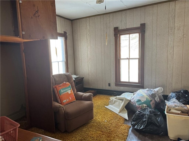 sitting room with wood walls