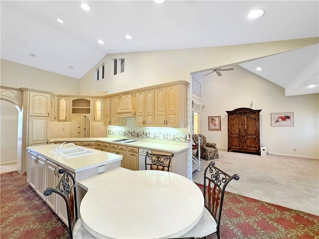 508 Deere Run Ln, Casey, IL 62420 - kitchen featuring light brown cabinetry, a sink, a center island, light countertops, and ceiling fan