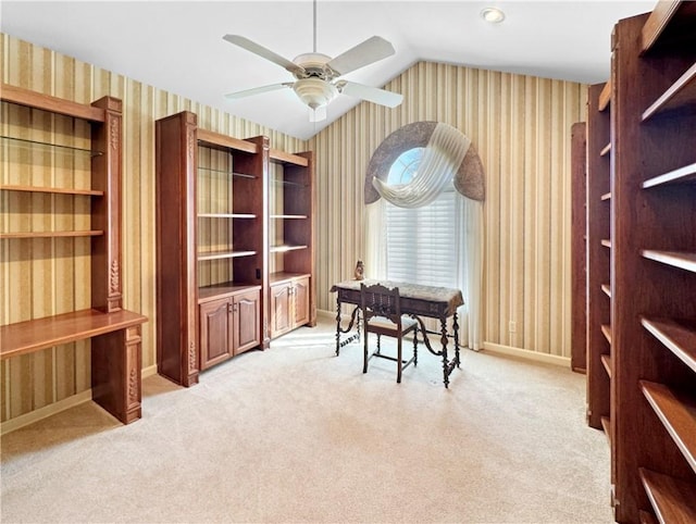 508 Deere Run Ln, Casey, IL 62420 - office featuring light carpet, wallpapered walls, baseboards, ceiling fan, and vaulted ceiling