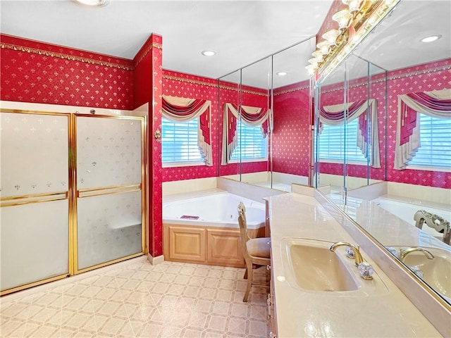 508 Deere Run Ln, Casey, IL 62420 - full bath featuring wallpapered walls, a stall shower, a bath, tile patterned floors, and vanity
