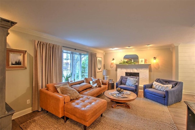 living room featuring ornamental molding and hardwood / wood-style flooring